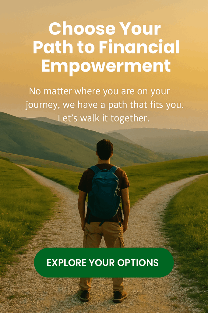 A person standing at a fork in the road, symbolizing life choices and financial empowerment
