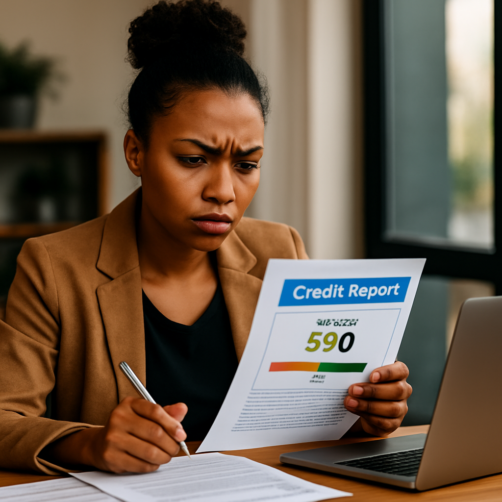 Woman holding a credit report showing a fair credit score