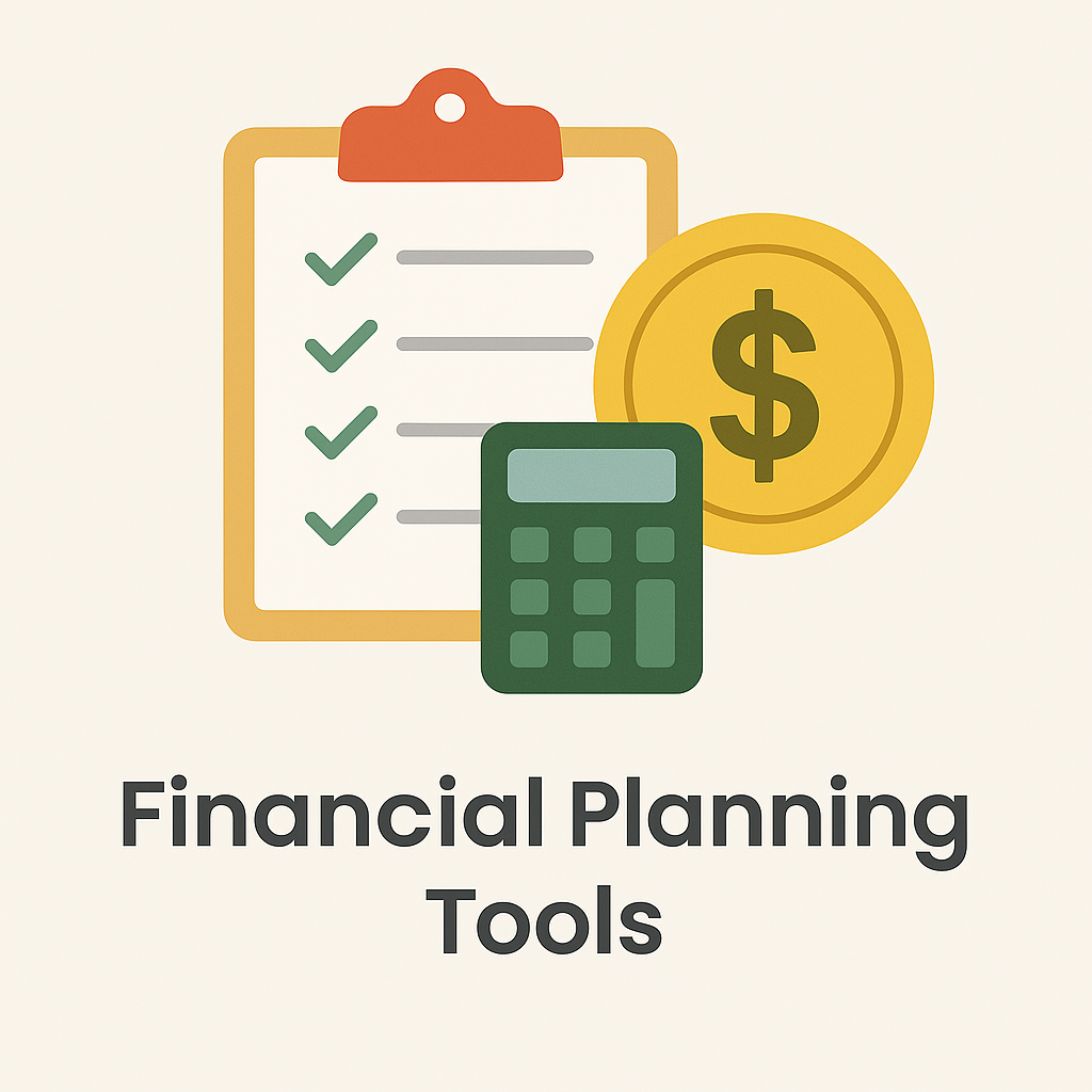 Flat-design illustration showing a checklist on a clipboard, a gold dollar coin, and a green calculator representing financial planning tools.