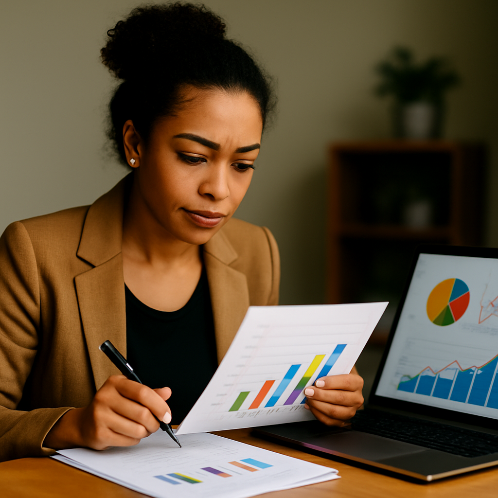 Income Growth Strategies Confident professional woman reviewing earnings and business strategy charts