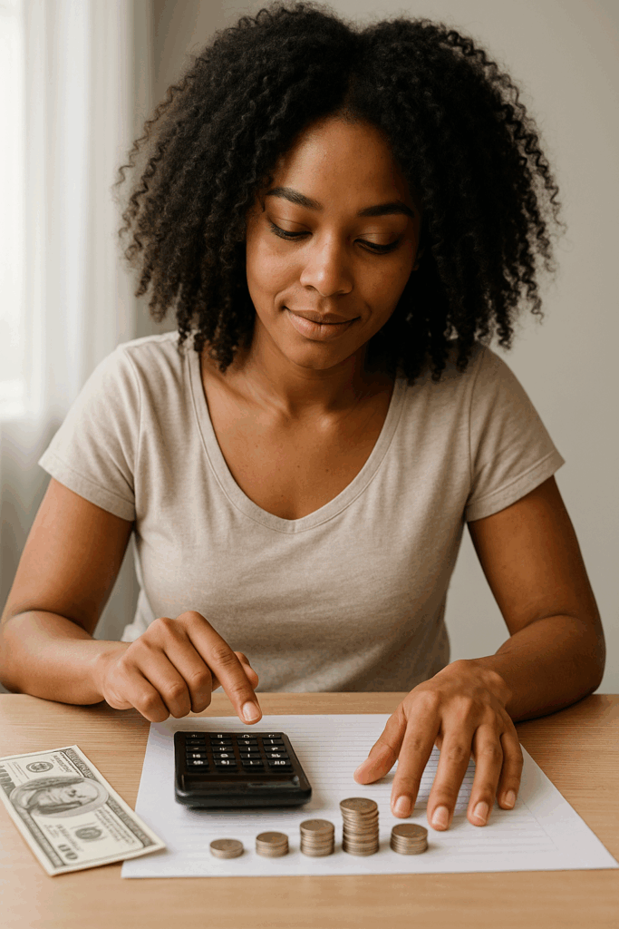 A confident young woman practices meditation in a sunlit room, promoting financial self-care and emotional balance.