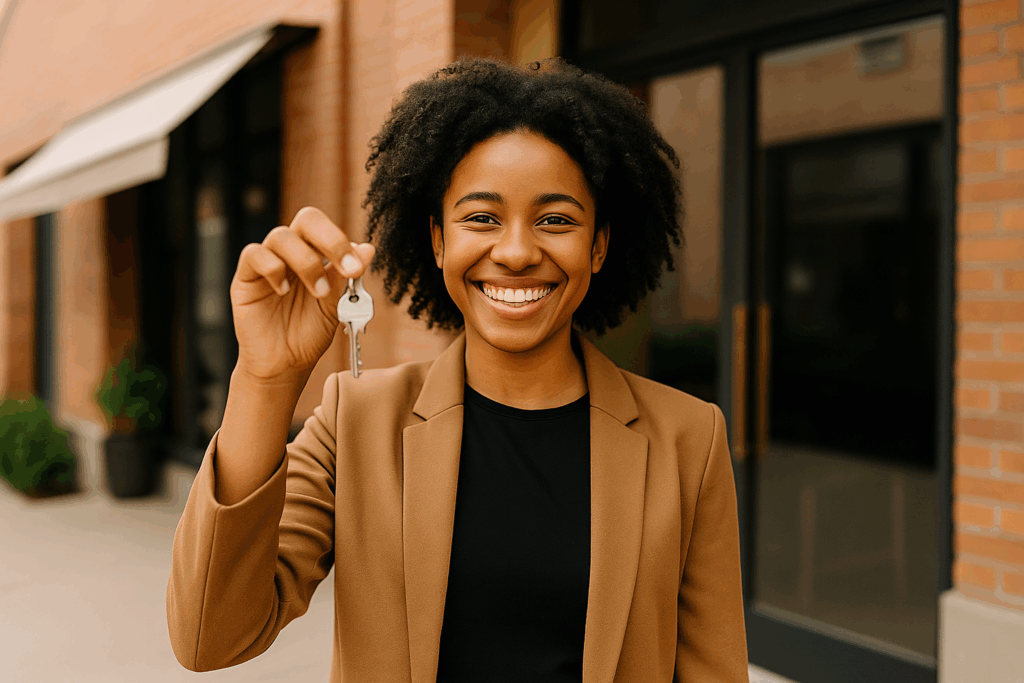 A young African American couple sits together at a kitchen table reviewing documents, with a laptop open and a small model house nearby—symbolizing their journey toward homeownership and financial independence.