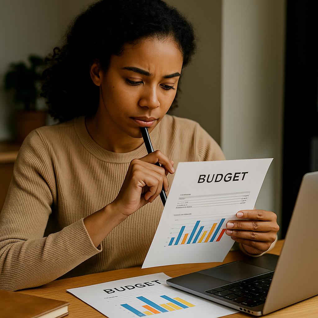 Young African American woman smiling while reviewing her personal budget at a desk with papers and a laptop