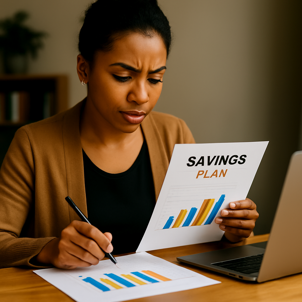 African American woman studying financial materials at a desk