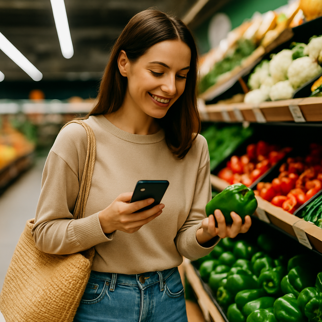 The Thrifty Advantage | Budget-Friendly Living Tips Woman comparing grocery prices in the produce aisle while holding a budget list