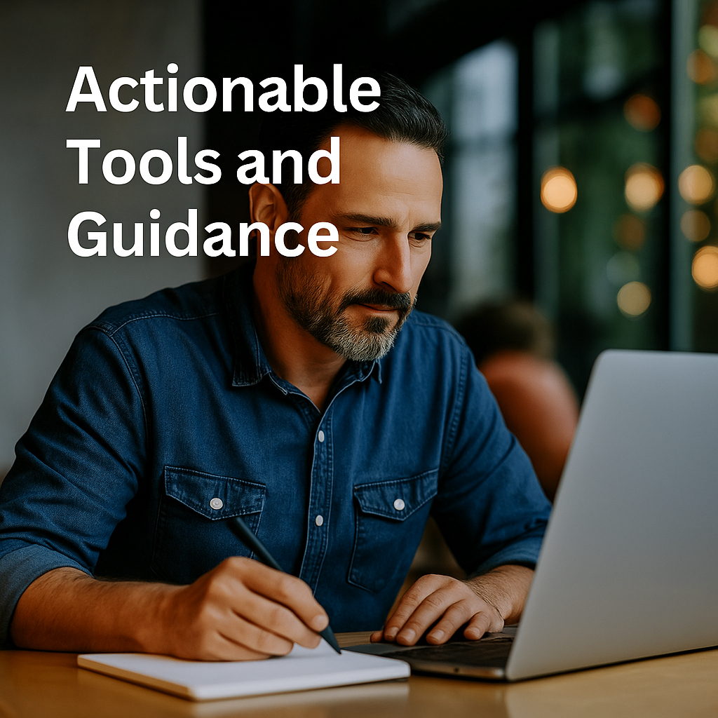 Access step-by-step tools, interactive guides, and templates to take meaningful action today. Focused man using a laptop at a workspace, taking notes.