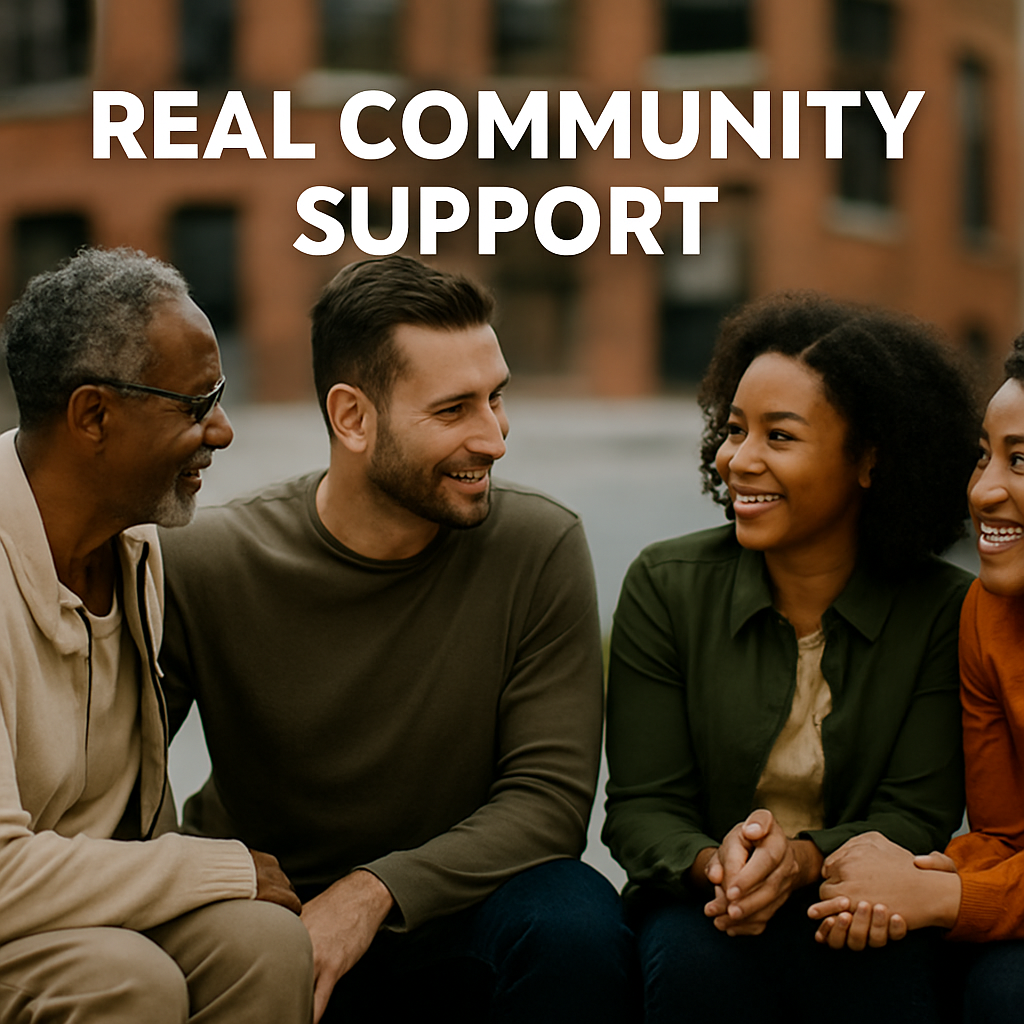 Find authentic community support, shared experiences, and real connection to fuel your growth. Group of diverse adults smiling and talking in a relaxed setting.