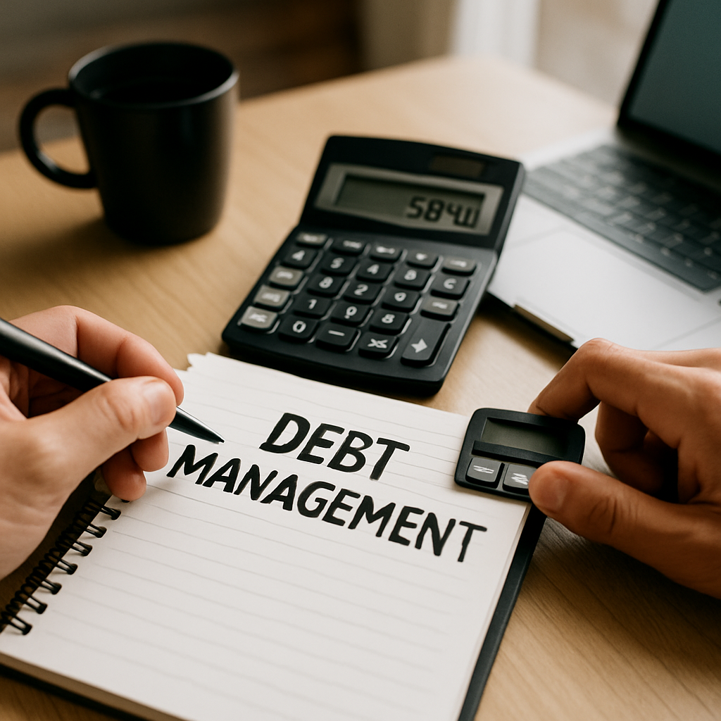 Person writing on a notebook labeled 'Debt Management' next to a calculator