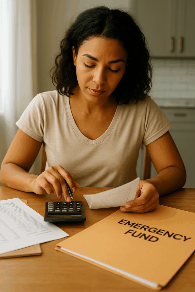 A high-resolution photo of a woman organizing documents at a kitchen table, with a calculator and labeled folder reading “Emergency Fund.”