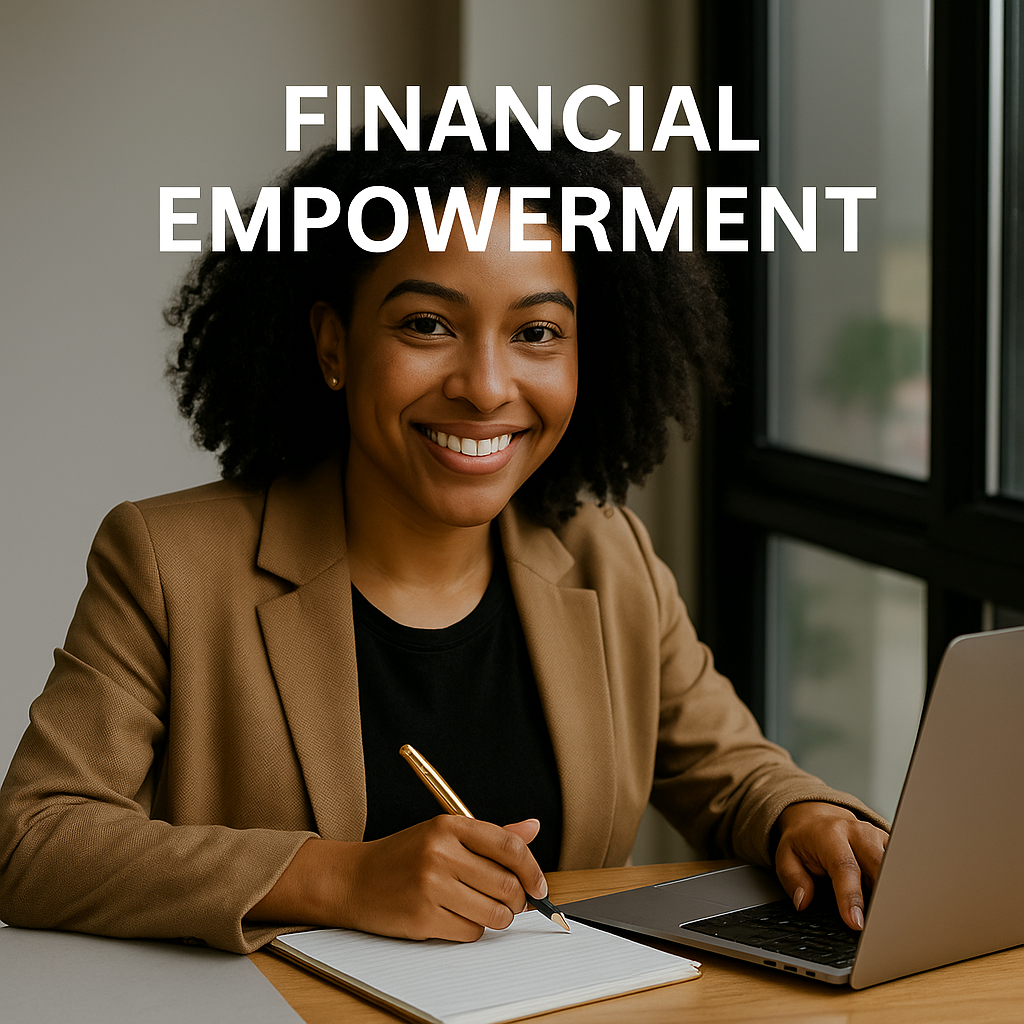 Professional Black woman smiling confidently in an office with a notebook and laptop.