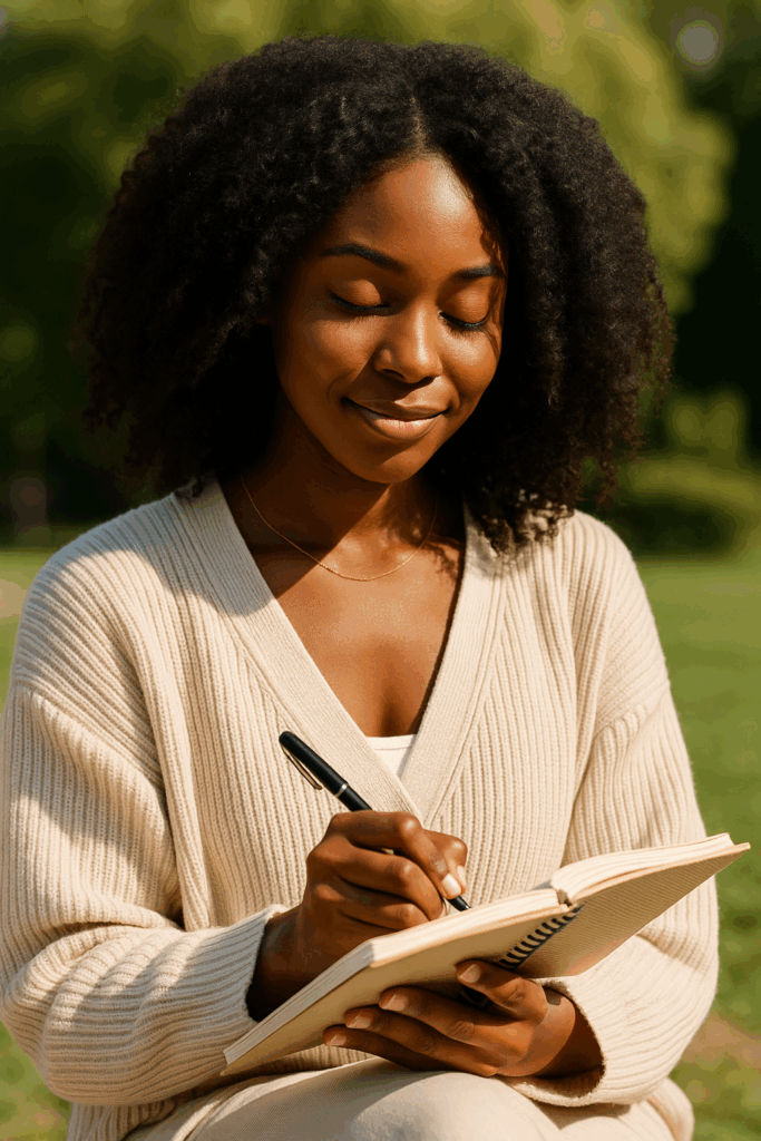 Young woman sitting at a desk with a planner and coffee mug, focused on her personal development goals.